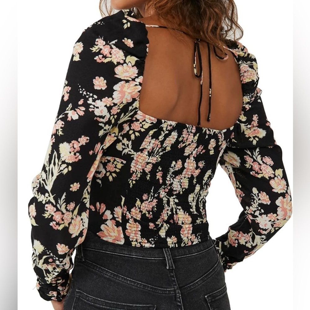 Free People Black Floral Smocked Back Long Sleeve Top
